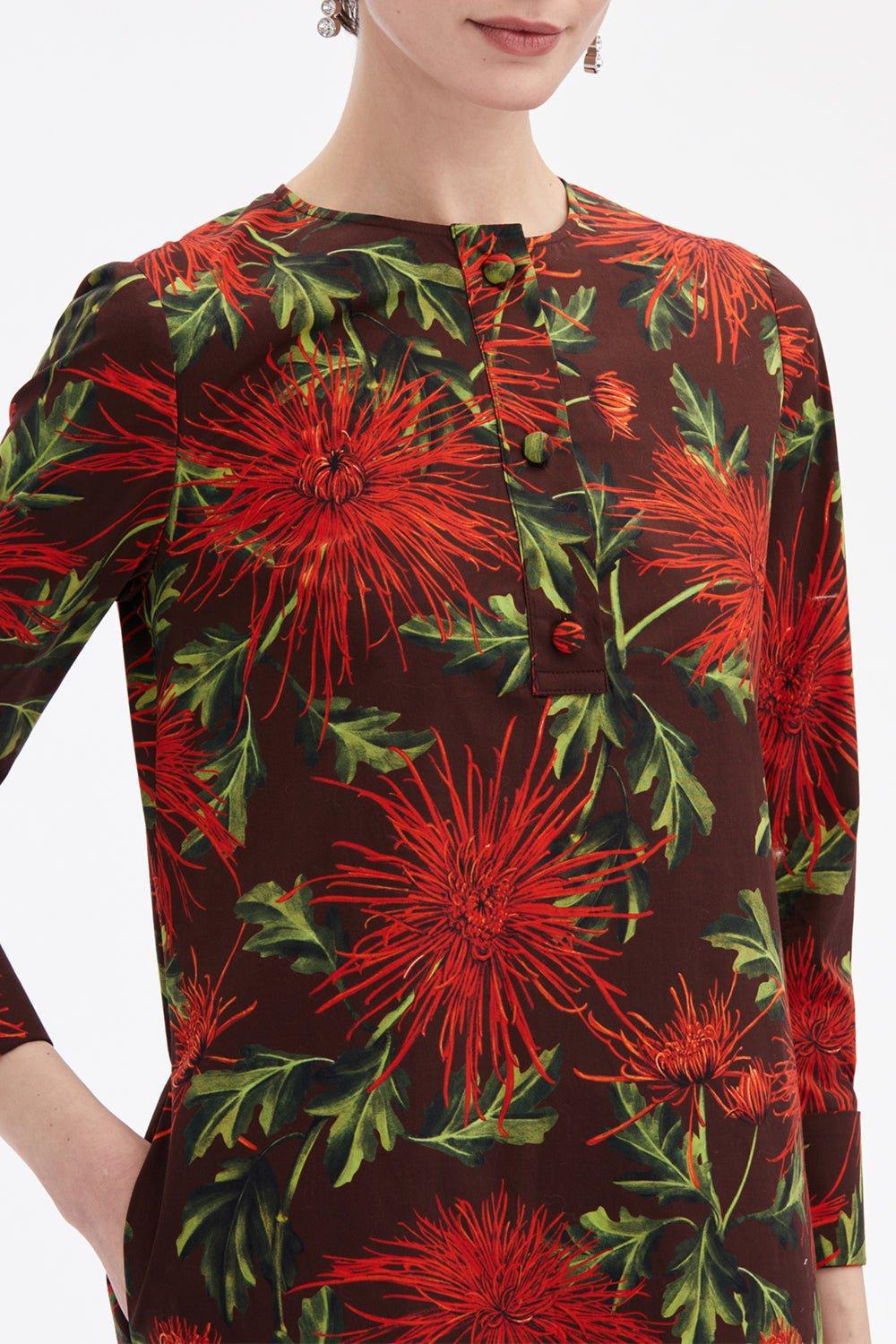 OSCAR DE LA RENTA-Three Quarter Sleeve Button Shift Dress-