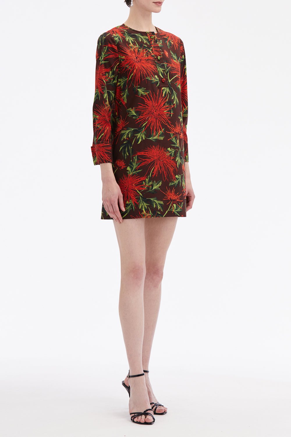 OSCAR DE LA RENTA-Three Quarter Sleeve Button Shift Dress-