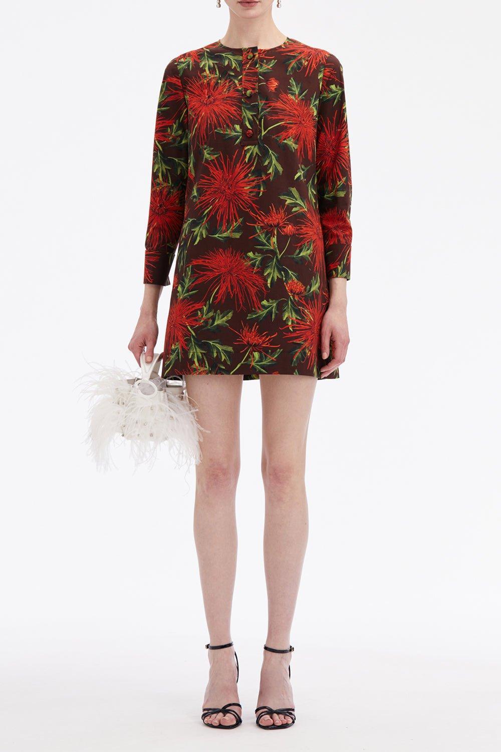 OSCAR DE LA RENTA-Three Quarter Sleeve Button Shift Dress-