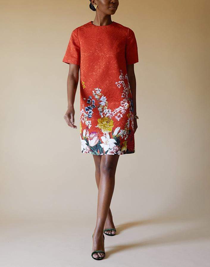OSCAR DE LA RENTA-Short Sleeve Floral Print Dress-