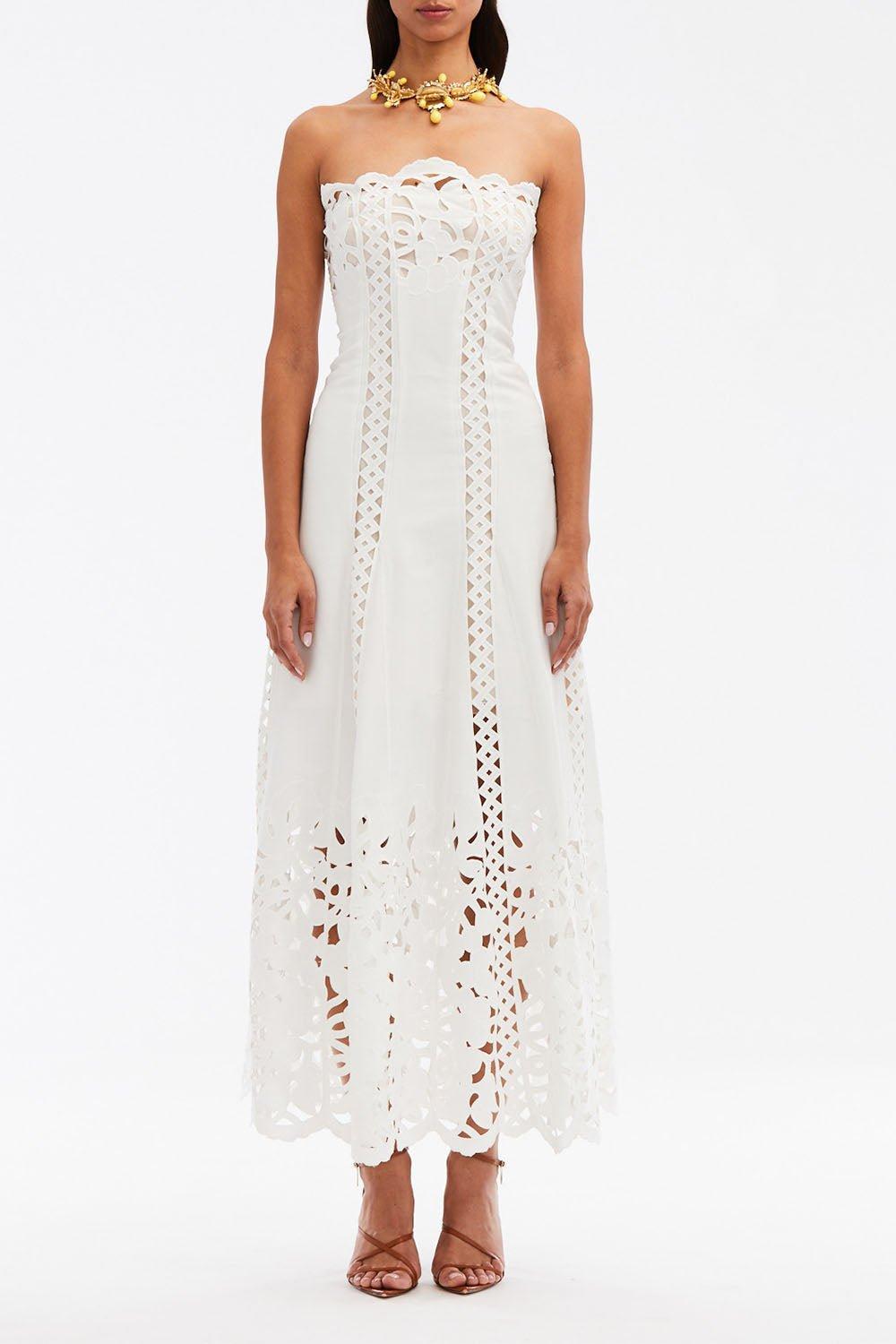 OSCAR DE LA RENTA-Strapless Floral A Line Dress-WHITE