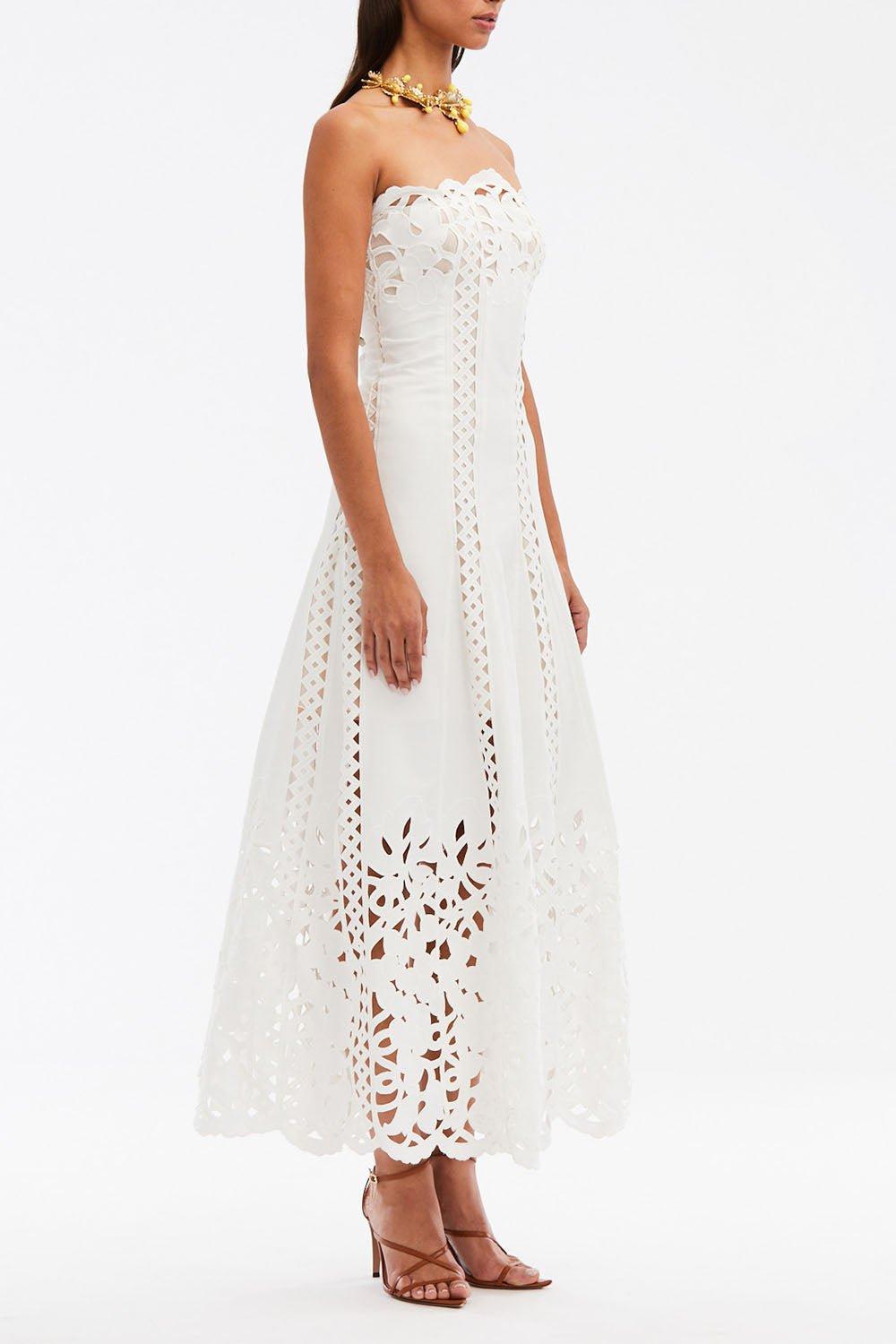 OSCAR DE LA RENTA-Strapless Floral A Line Dress-WHITE