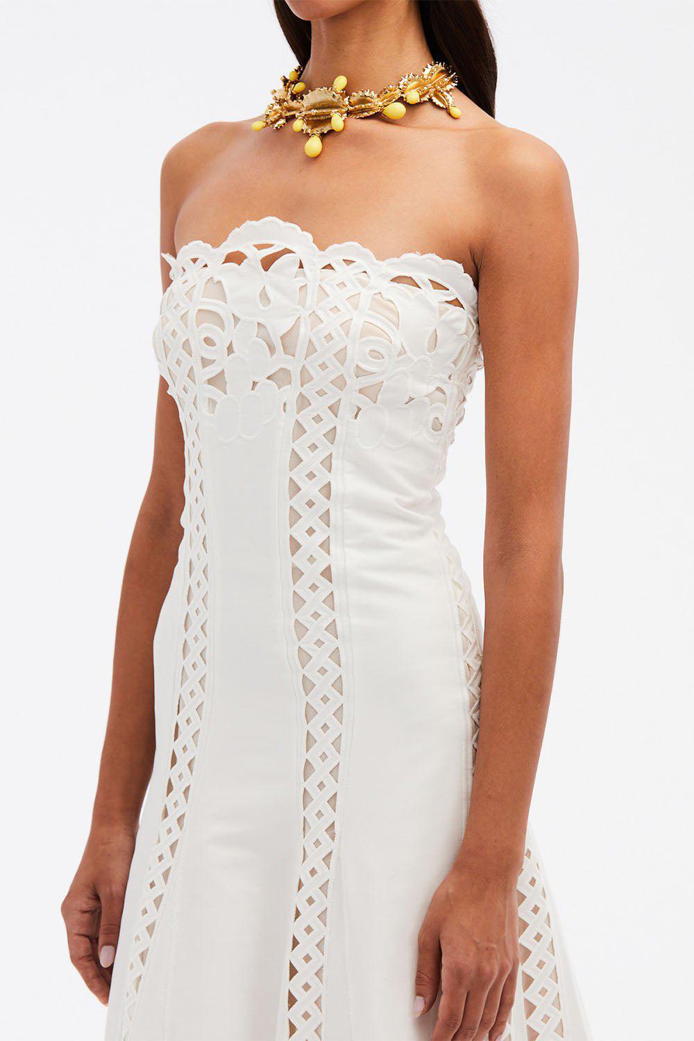 OSCAR DE LA RENTA-Strapless Floral A Line Dress-WHITE