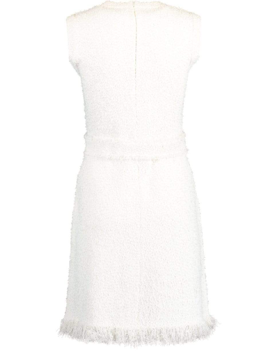 OSCAR DE LA RENTA-White Sleeveless Tweed Sheath Belted Dress-