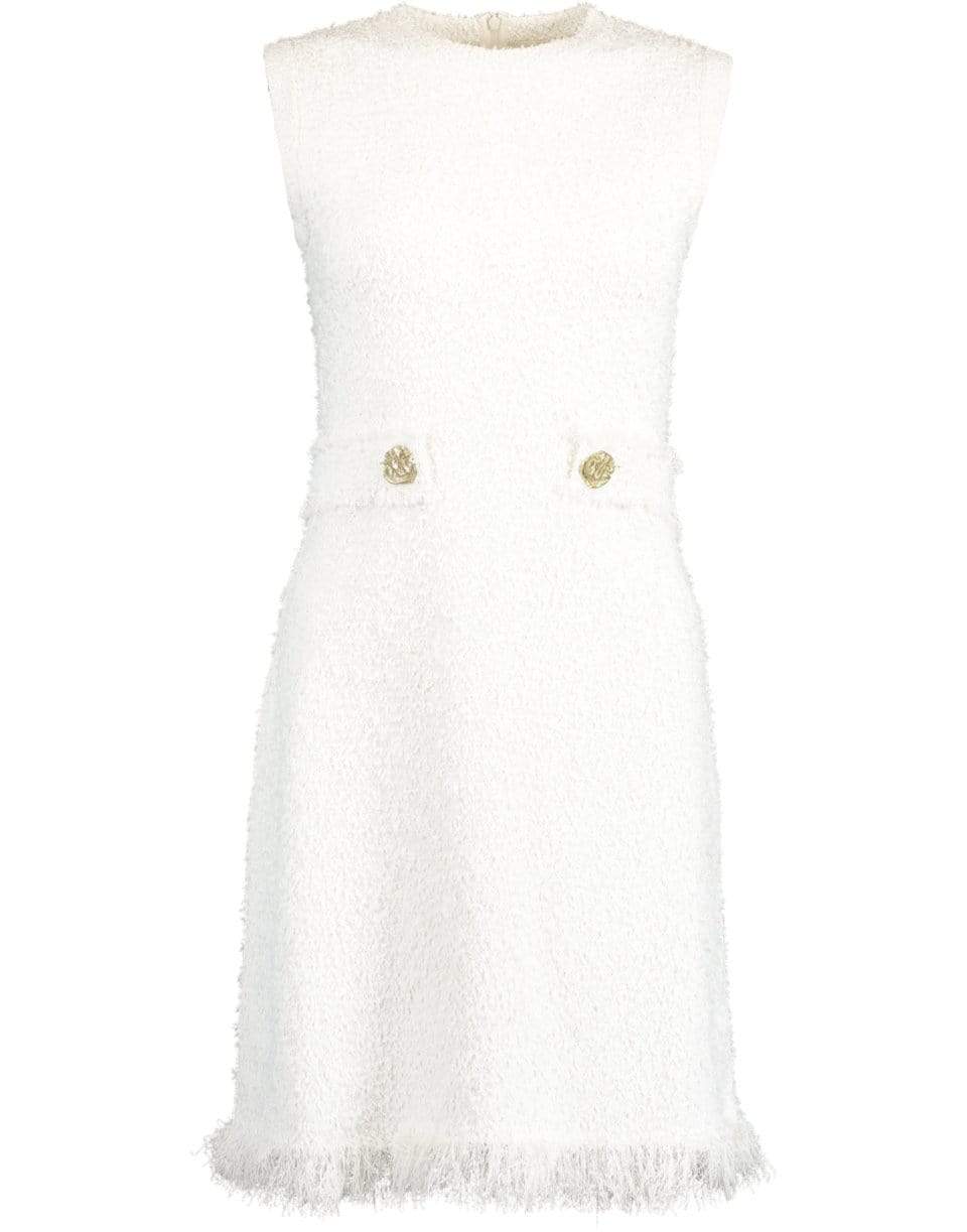 OSCAR DE LA RENTA-White Sleeveless Tweed Sheath Belted Dress-