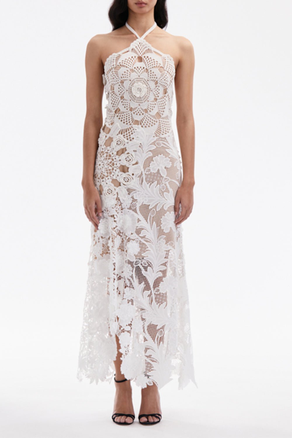 OSCAR DE LA RENTA-Floral Crochet Dress-WHT/IVOR