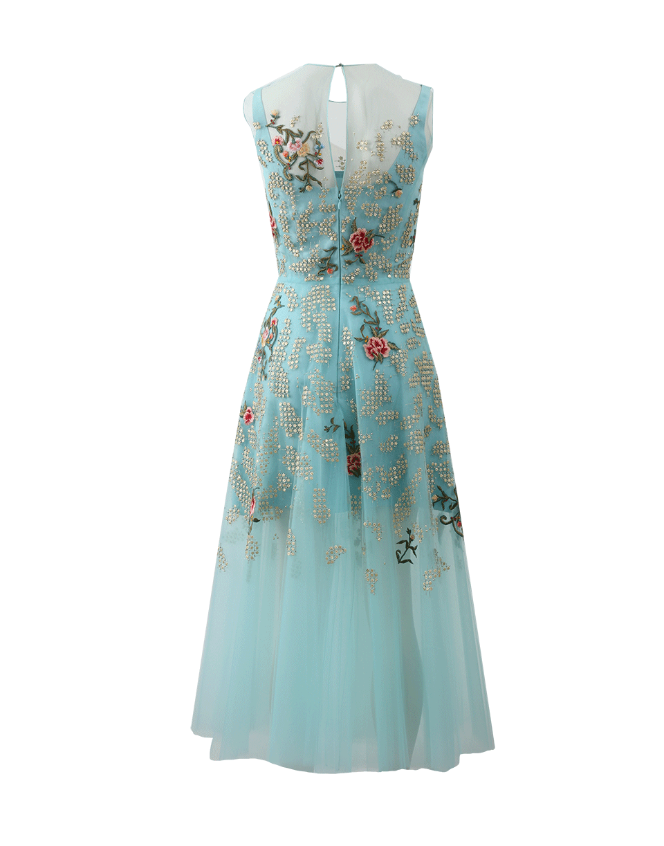 OSCAR DE LA RENTA-Embroidered Tea Length Dress-AQUA