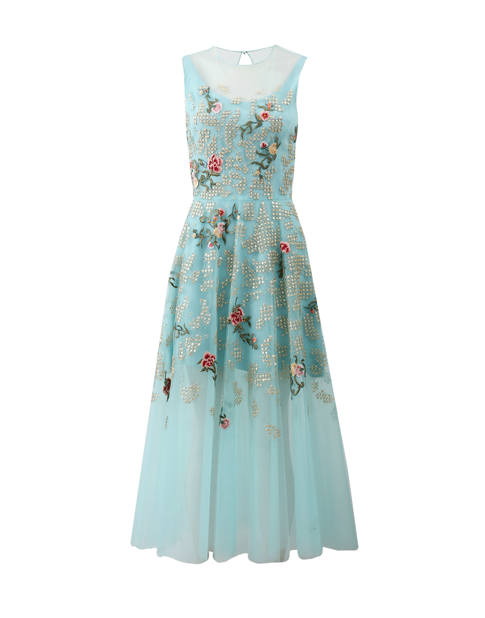 OSCAR DE LA RENTA-Embroidered Tea Length Dress-AQUA