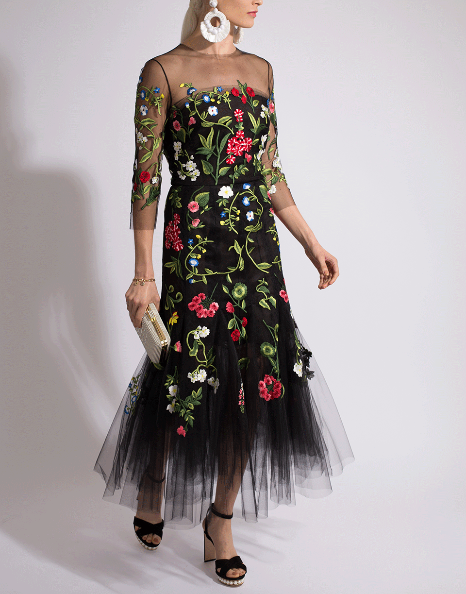OSCAR DE LA RENTA-Flower Embroidered Tulle Cocktail Dress-BLACK