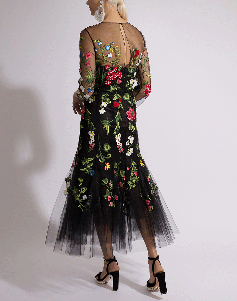 OSCAR DE LA RENTA-Flower Embroidered Tulle Cocktail Dress-BLACK