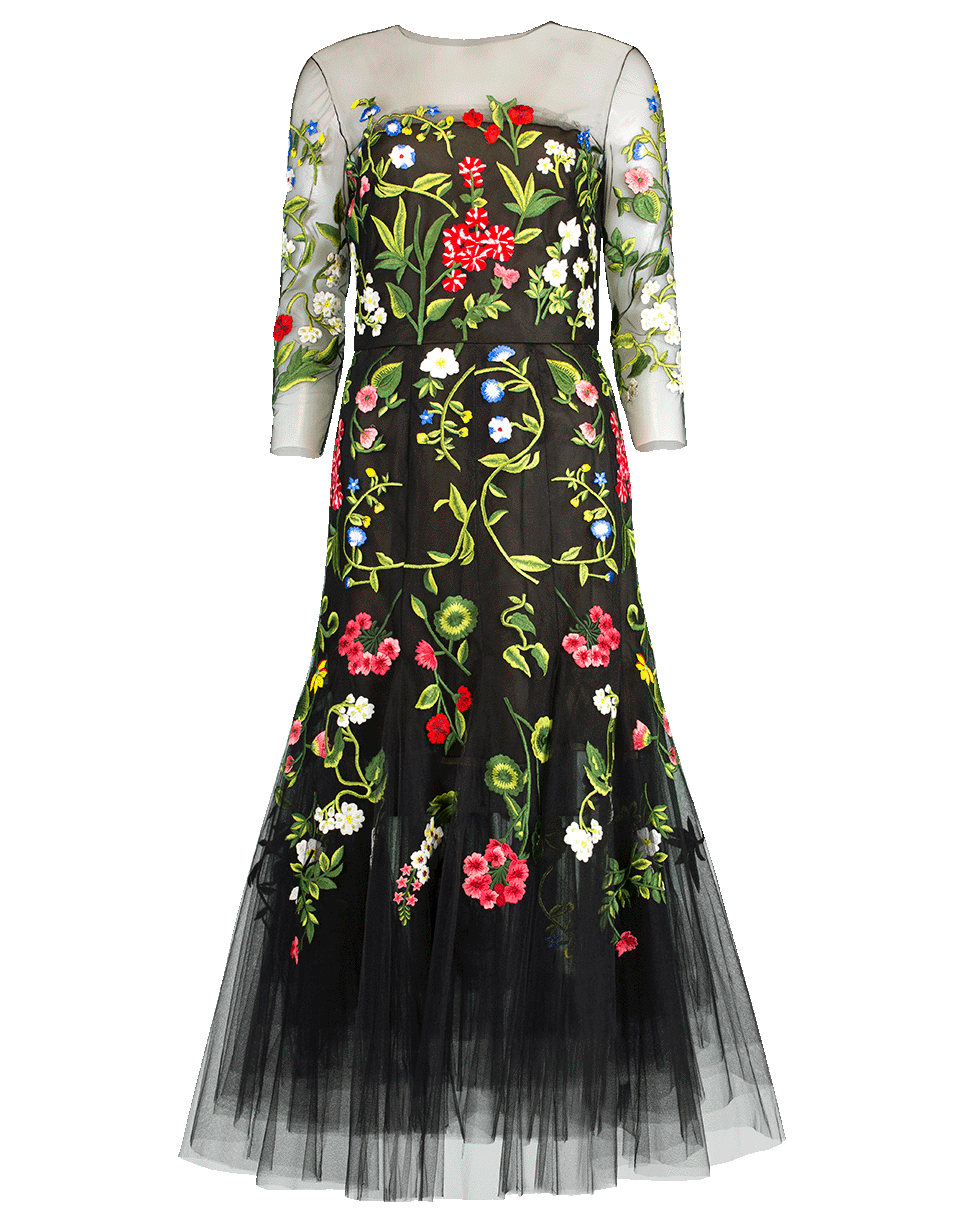 OSCAR DE LA RENTA-Flower Embroidered Tulle Cocktail Dress-BLACK