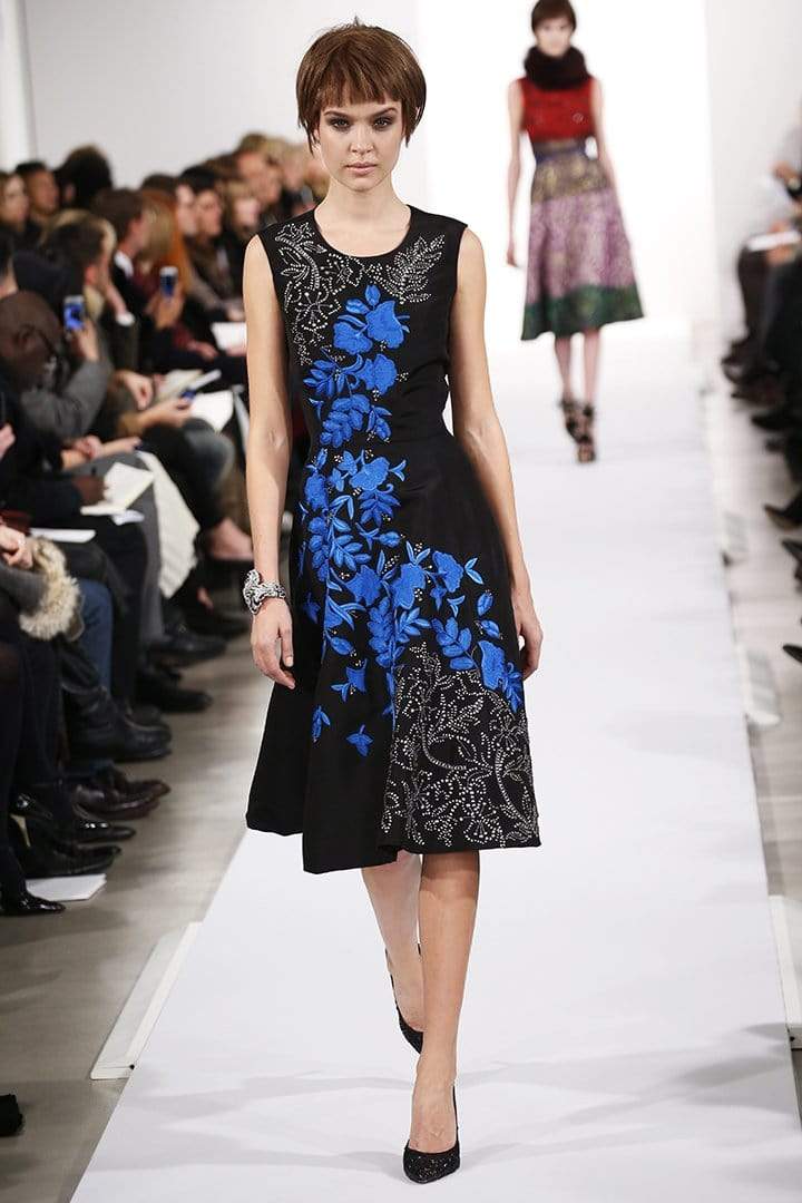 OSCAR DE LA RENTA-Faille Dress With Blue Embroidery-BLK/BLUE