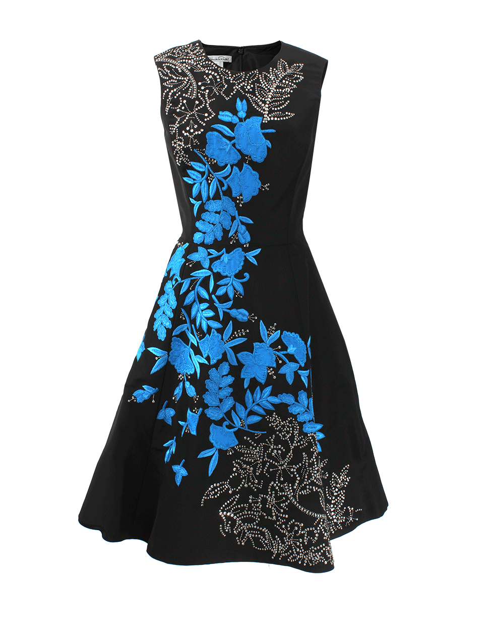 OSCAR DE LA RENTA-Faille Dress With Blue Embroidery-BLK/BLUE
