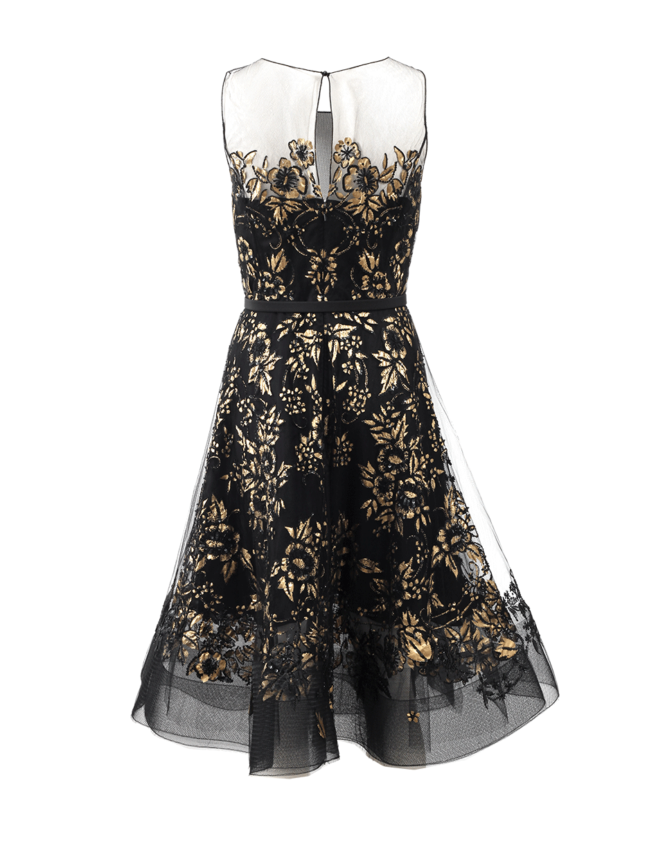 OSCAR DE LA RENTA-Illusion Neck Embroidered Dress-BLK/GLD