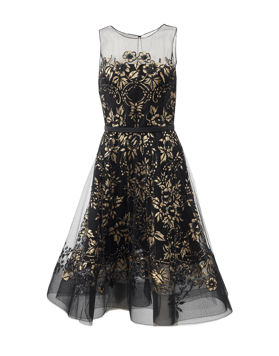 OSCAR DE LA RENTA-Illusion Neck Embroidered Dress-BLK/GLD