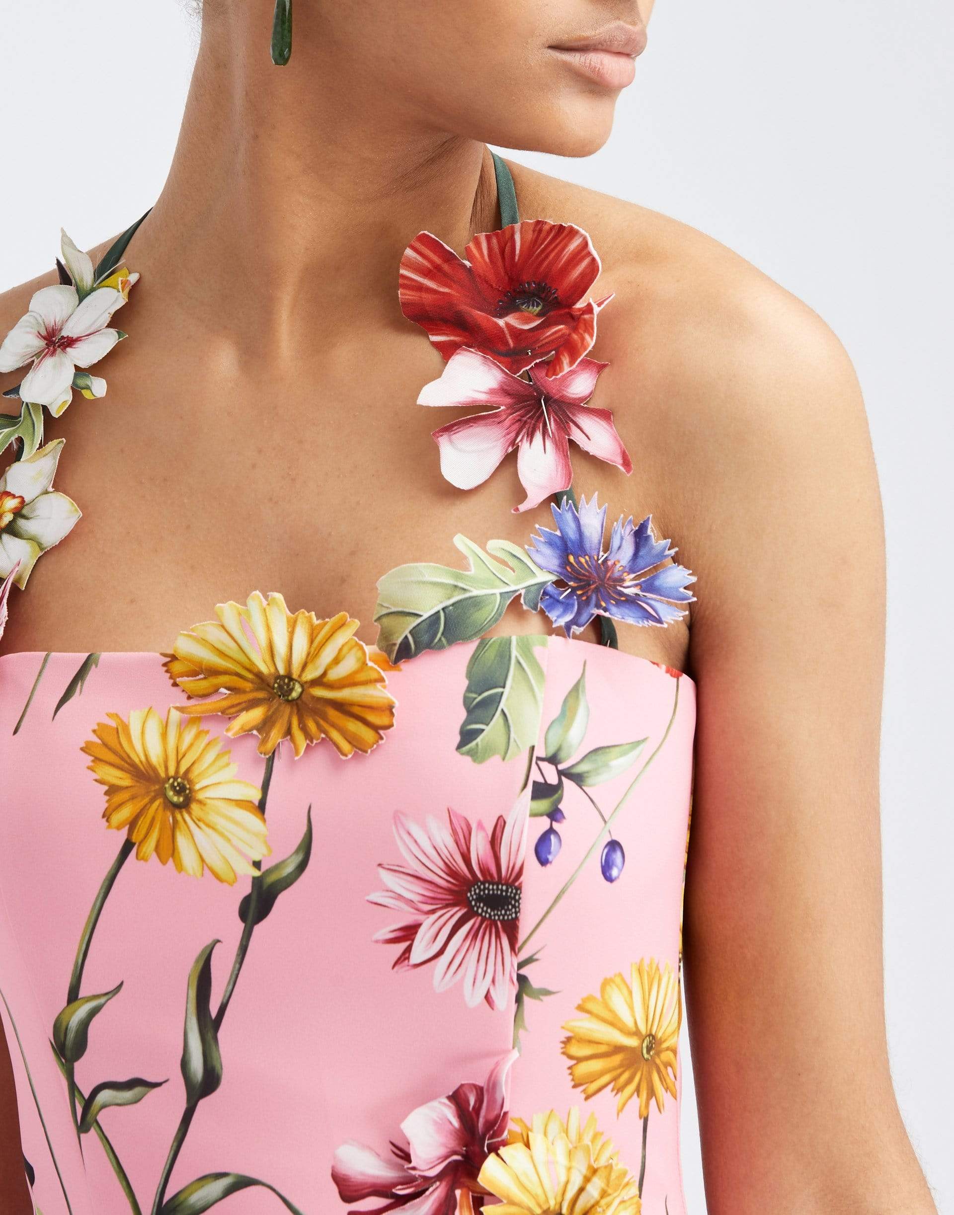 OSCAR DE LA RENTA-Sleeveless Halter Full Skirt Floral Cocktail Dress-