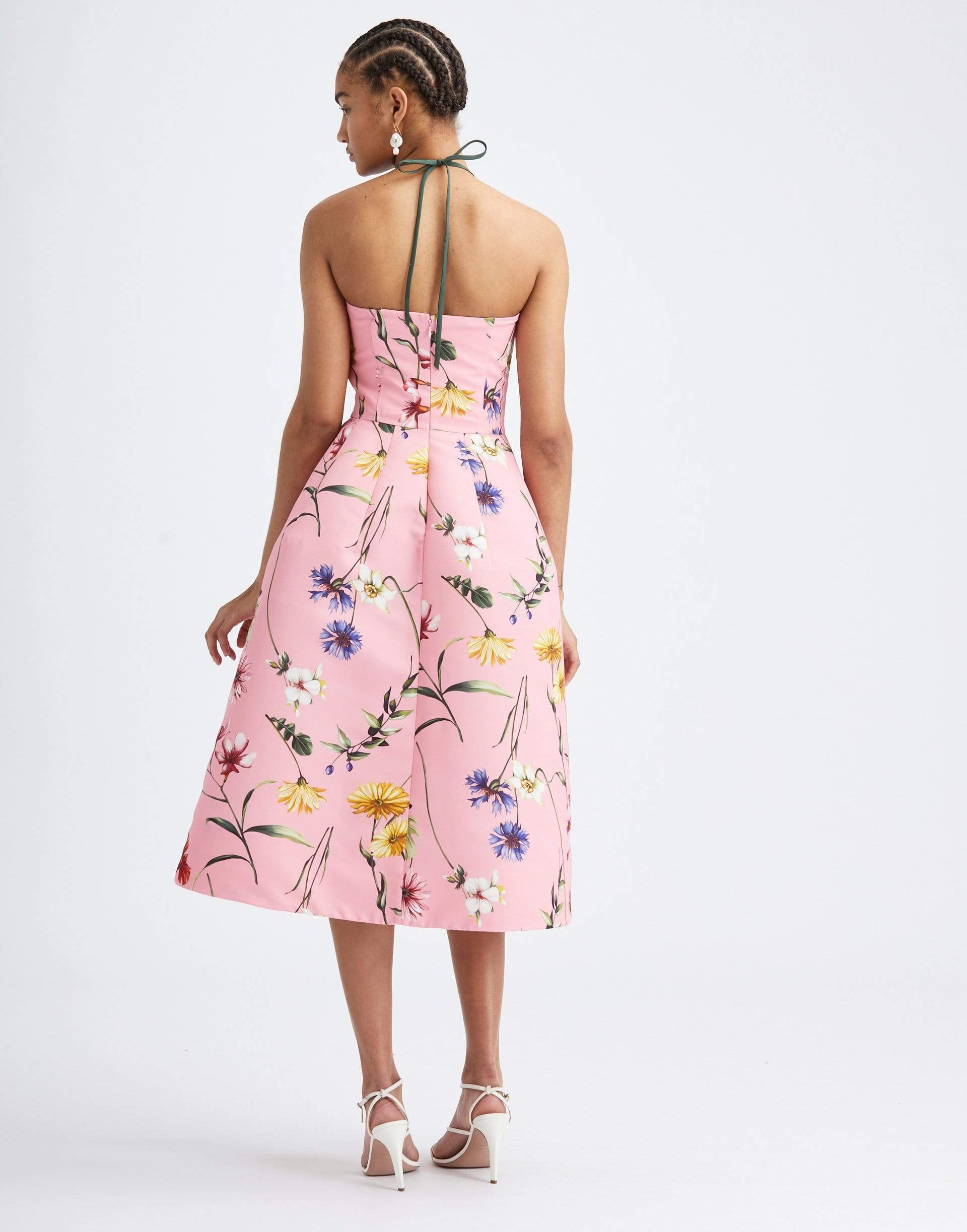OSCAR DE LA RENTA-Sleeveless Halter Full Skirt Floral Cocktail Dress-