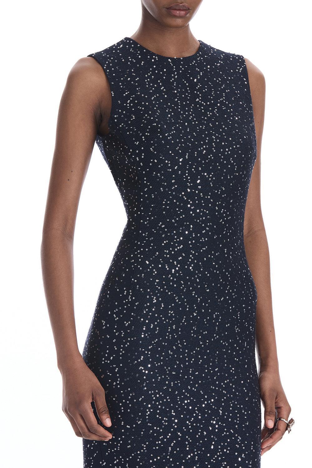 Sleeveless Sequin Tweed Cocktail Dress-BLUE-4-CLOTHINGDRESSCOCKTAIL-OSCAR DE LA RENTA