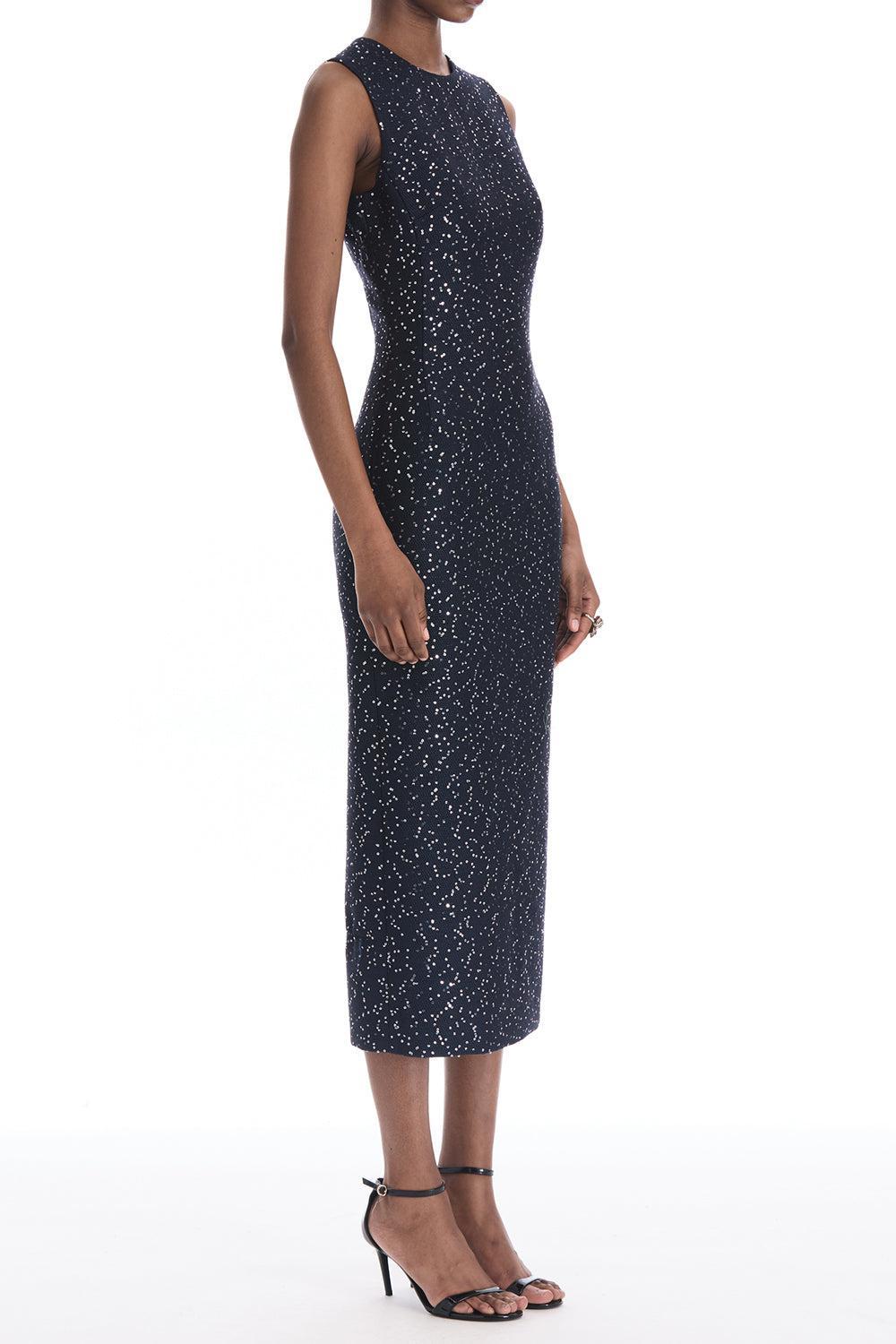 Sleeveless Sequin Tweed Cocktail Dress-BLUE-4-CLOTHINGDRESSCOCKTAIL-OSCAR DE LA RENTA