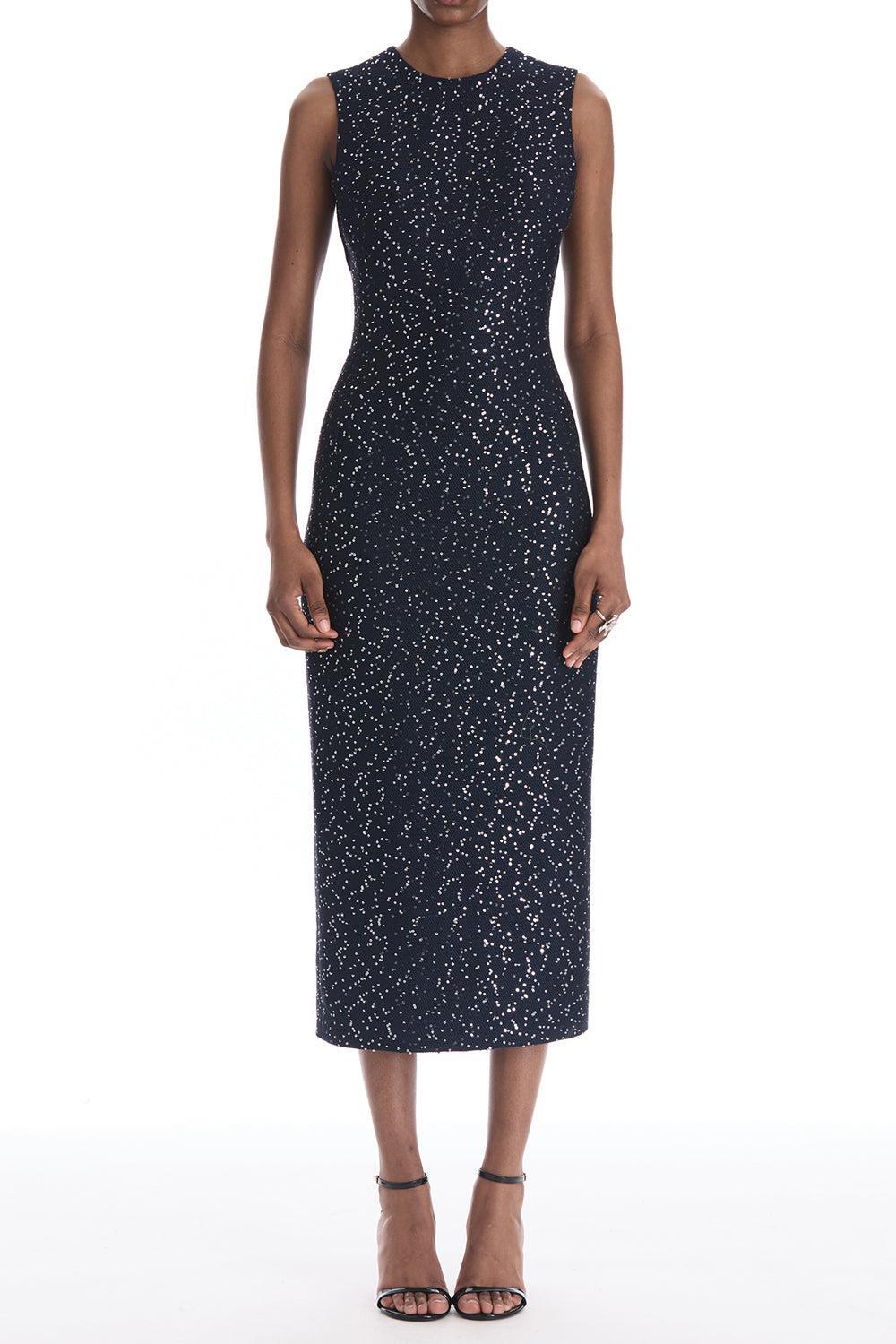  Sleeveless Sequin Tweed Cocktail Dress-BLUE-4-CLOTHINGDRESSCOCKTAIL-OSCAR DE LA RENTA 