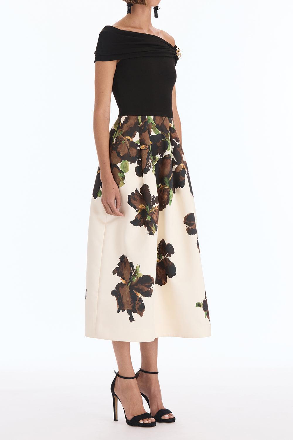 Off Shoulder Watercolor Iris Dress-BROWN-4-CLOTHINGDRESSCOCKTAIL-OSCAR DE LA RENTA