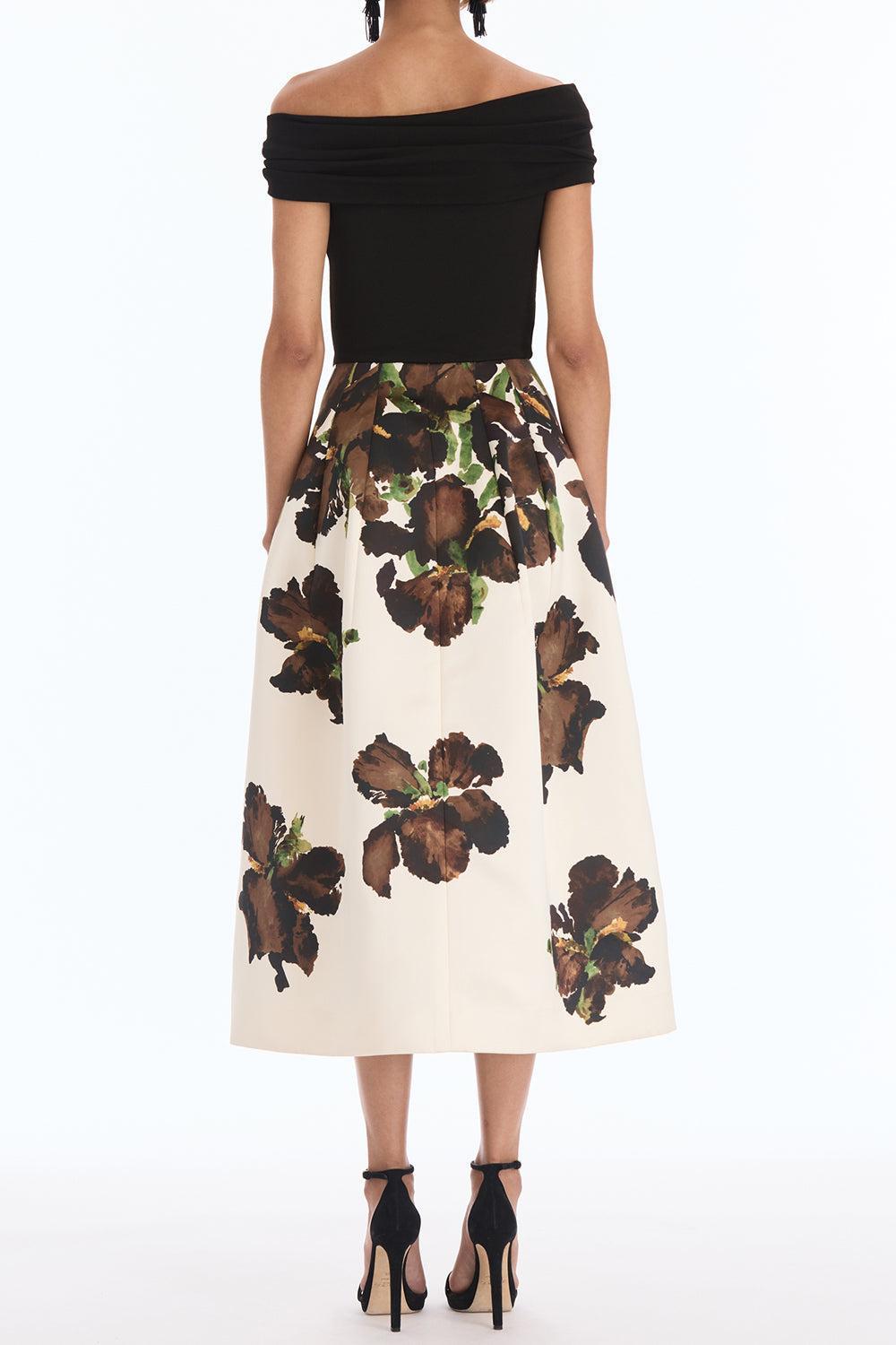 Off Shoulder Watercolor Iris Dress-BROWN-4-CLOTHINGDRESSCOCKTAIL-OSCAR DE LA RENTA