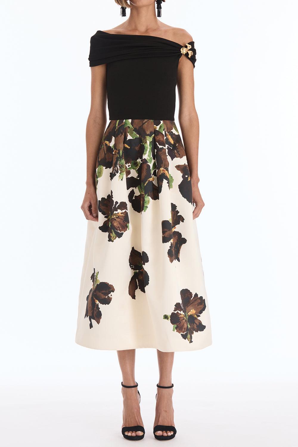 Off Shoulder Watercolor Iris Dress-BROWN-4-CLOTHINGDRESSCOCKTAIL-OSCAR DE LA RENTA