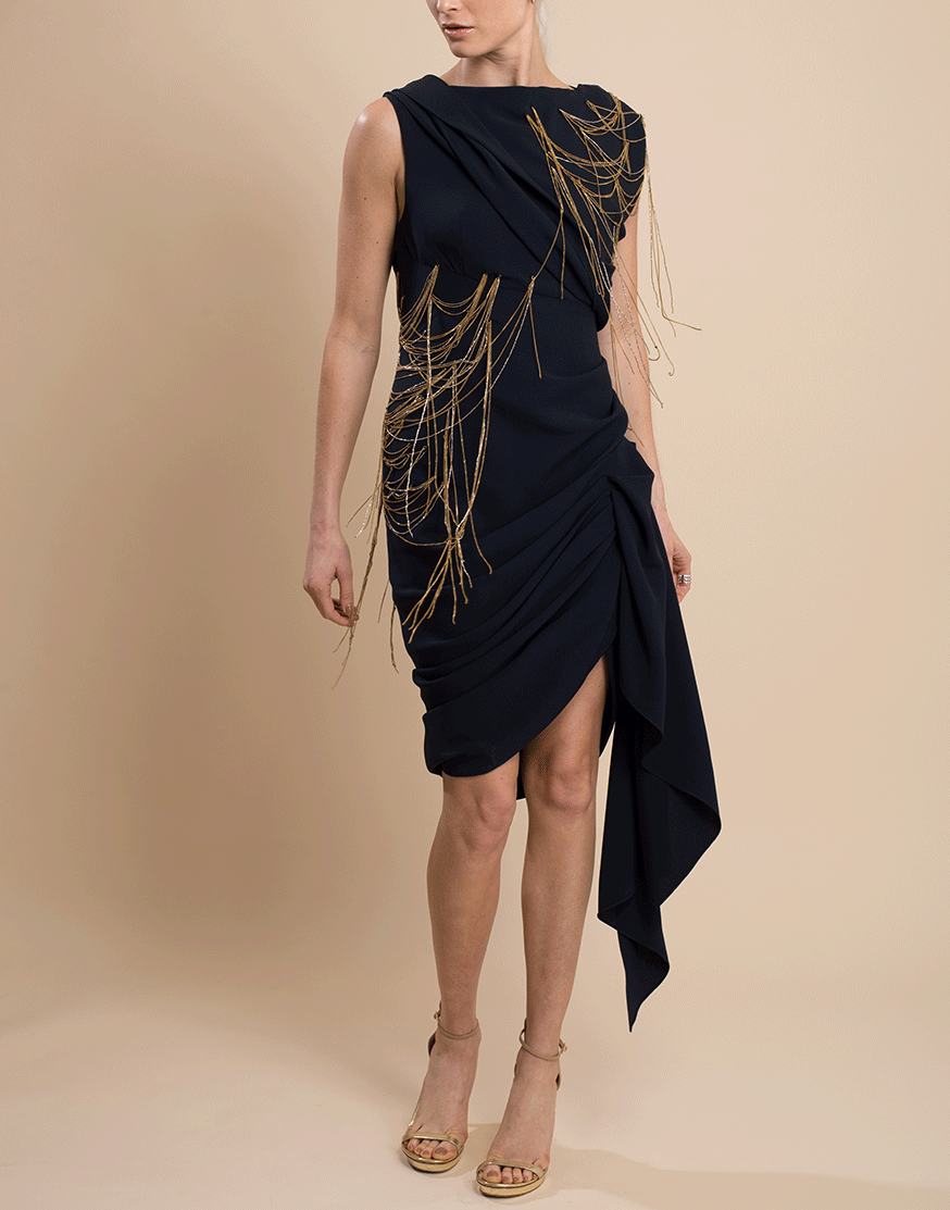OSCAR DE LA RENTA-Chain Embellished Draped Mini Dress-NAVY
