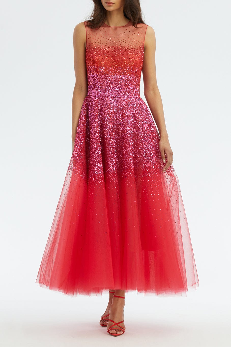 OSCAR DE LA RENTA-Degrade Sequin Embroidered Tulle Dress-PNKTORED