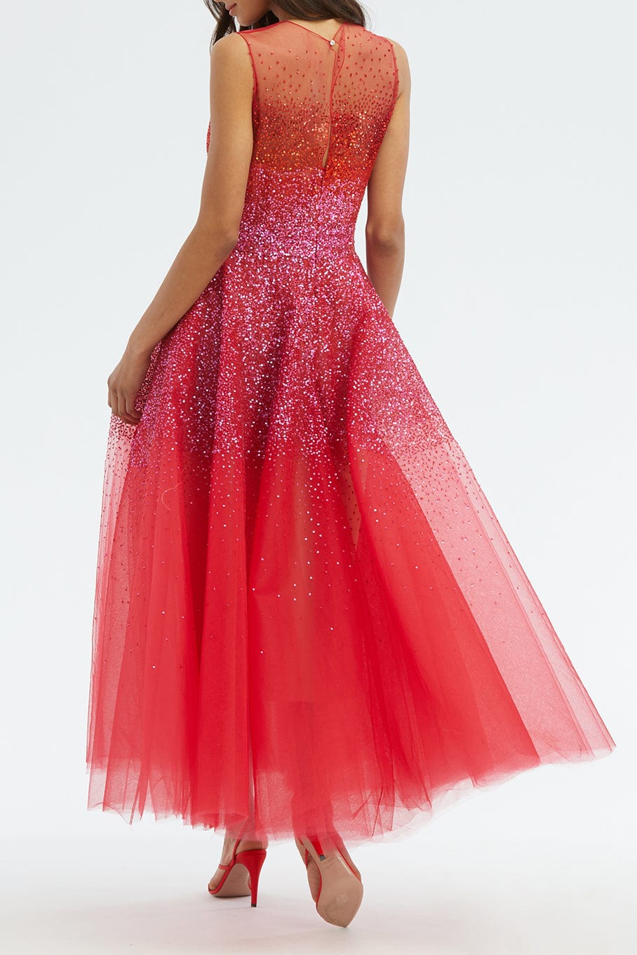OSCAR DE LA RENTA-Degrade Sequin Embroidered Tulle Dress-PNKTORED