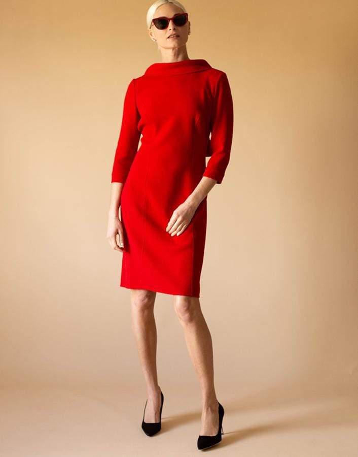 OSCAR DE LA RENTA-Bracelet Sleeve High Neck Dress-RED