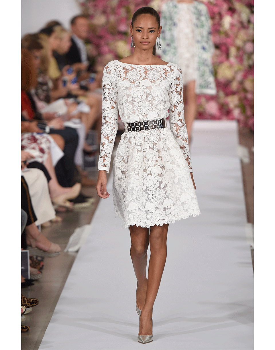 OSCAR DE LA RENTA-Floral Lace Belted Dress-WHITE