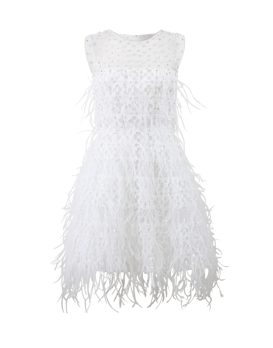 OSCAR DE LA RENTA-Clover Embroidered Feather Cocktail Dress-WHITE