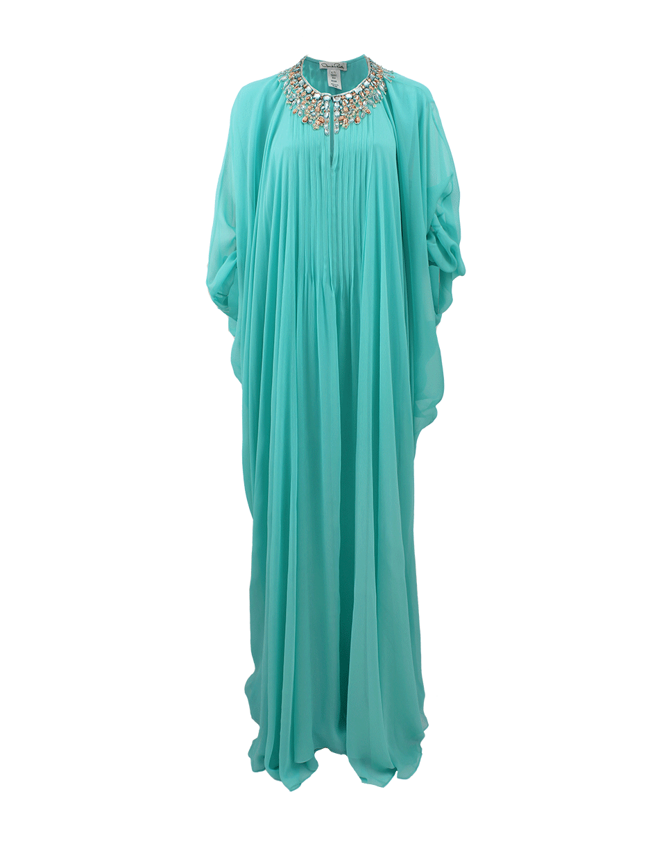 OSCAR DE LA RENTA-Floor Length Embroidered Neck Caftan-AQUA