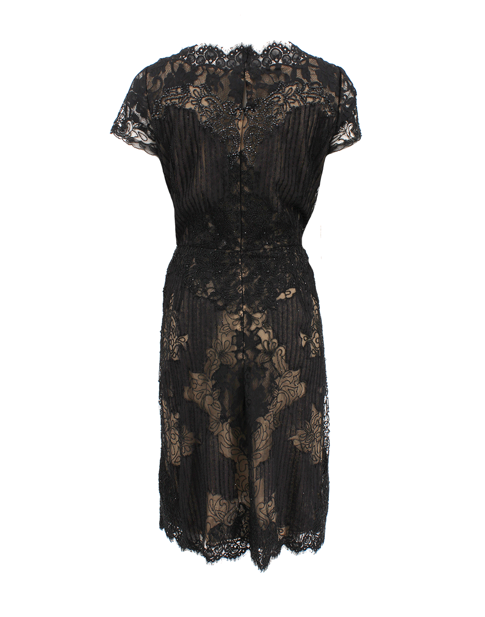 OSCAR DE LA RENTA-Short Sleeve Lace Bead Embroidered Dress-