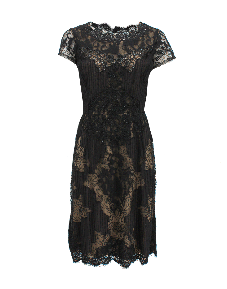 OSCAR DE LA RENTA-Short Sleeve Lace Bead Embroidered Dress-