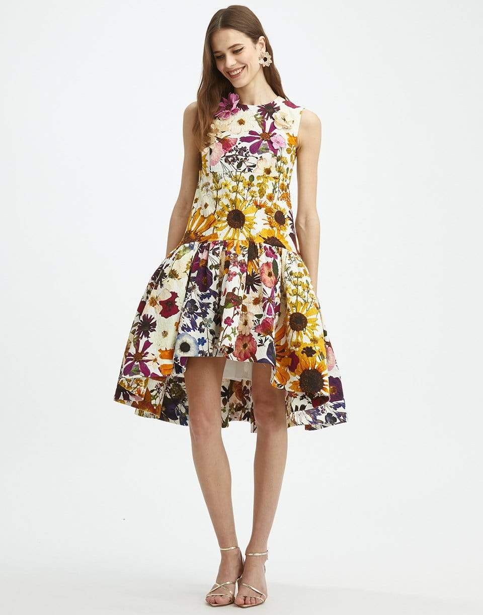 OSCAR DE LA RENTA-Floral Embroidered Cloque Peplum Dress-WHTMULTI
