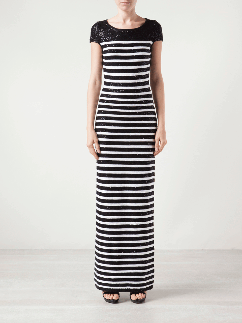 OSCAR DE LA RENTA-Short Sleeve Bateau Neck Stripe Gown-BLK/WHT