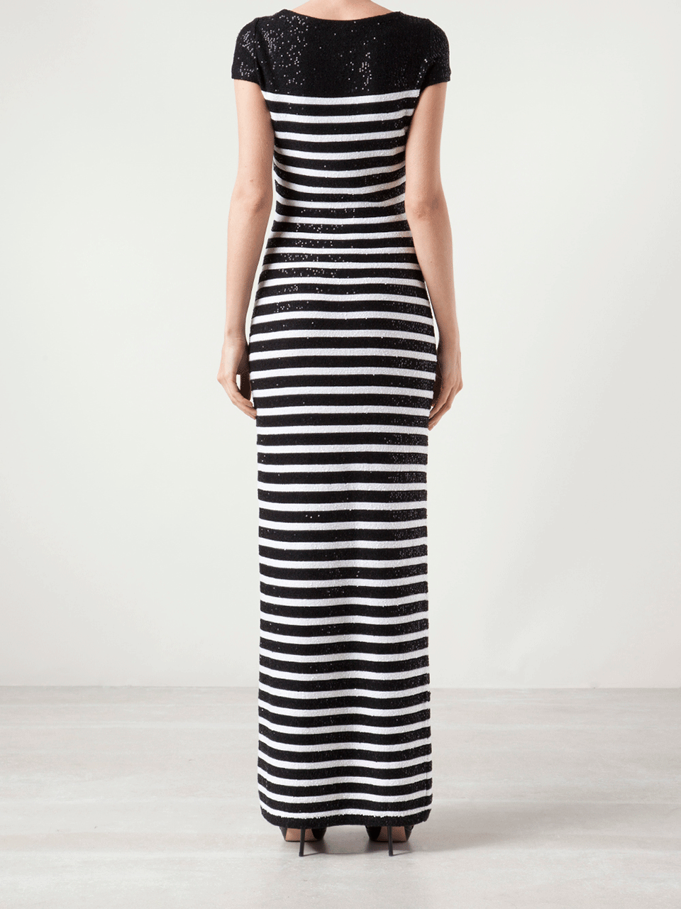 OSCAR DE LA RENTA-Short Sleeve Bateau Neck Stripe Gown-BLK/WHT