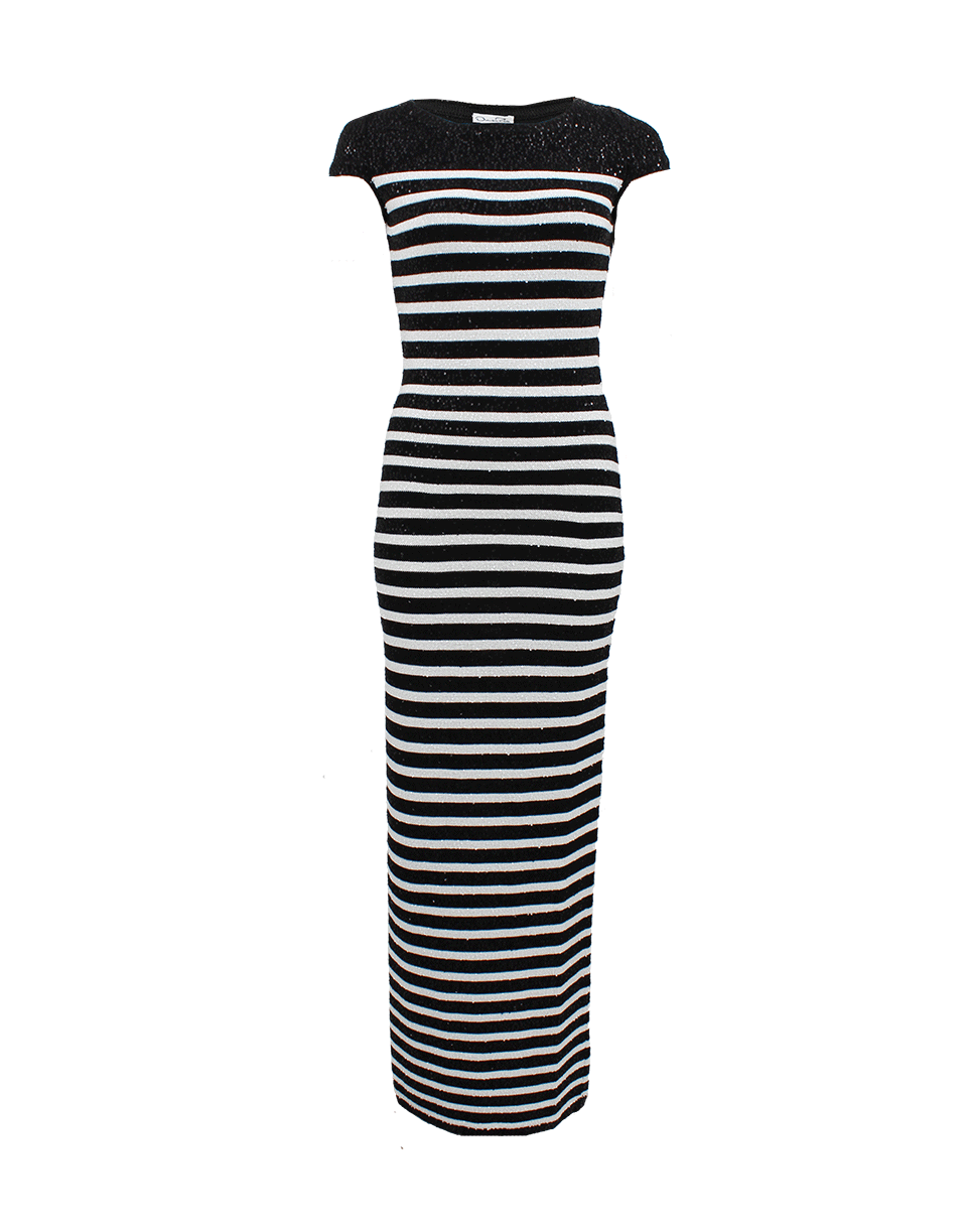 OSCAR DE LA RENTA-Short Sleeve Bateau Neck Stripe Gown-BLK/WHT