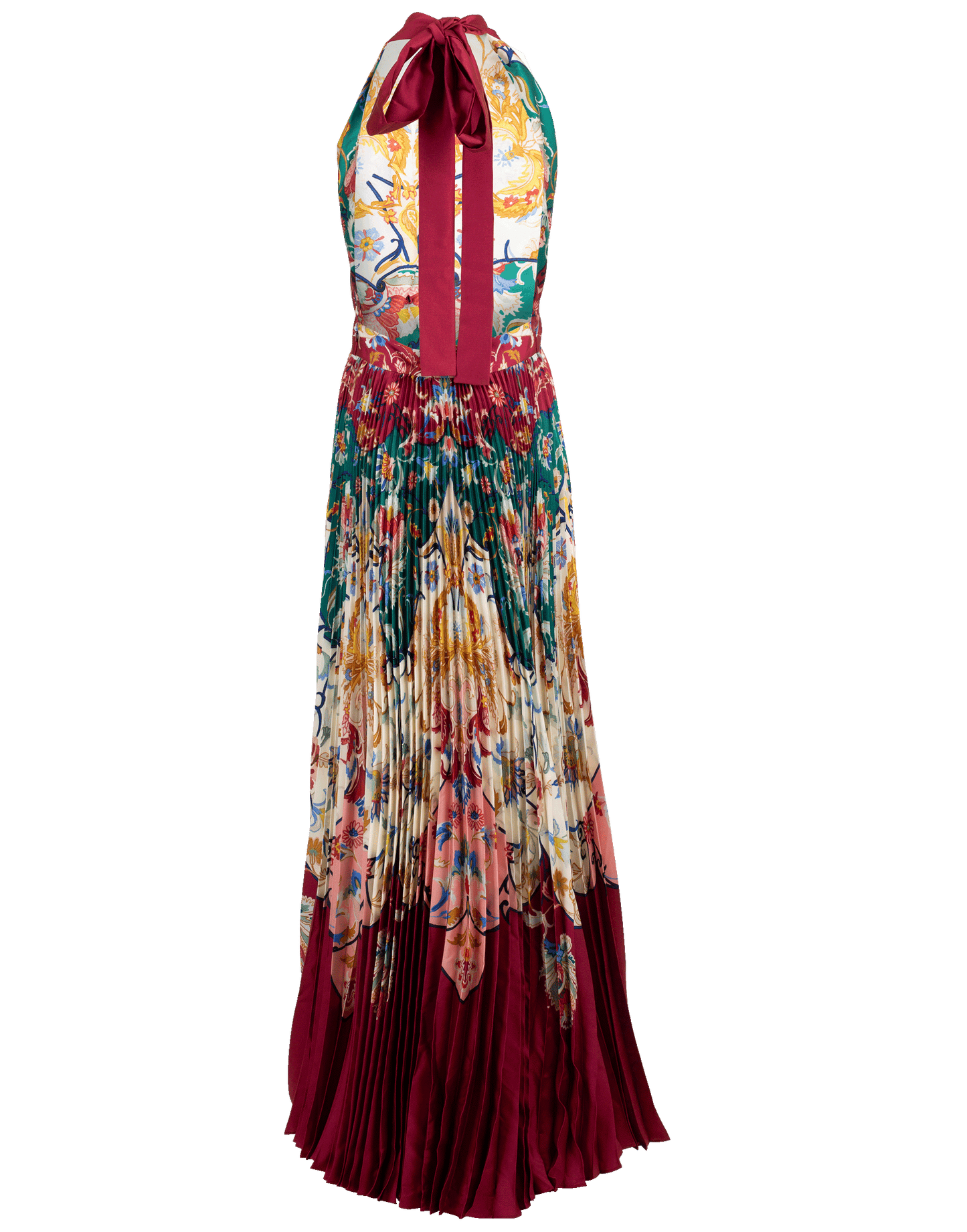 OSCAR DE LA RENTA-Halter-Neck Paisley Print Pleated Gown-CLARET