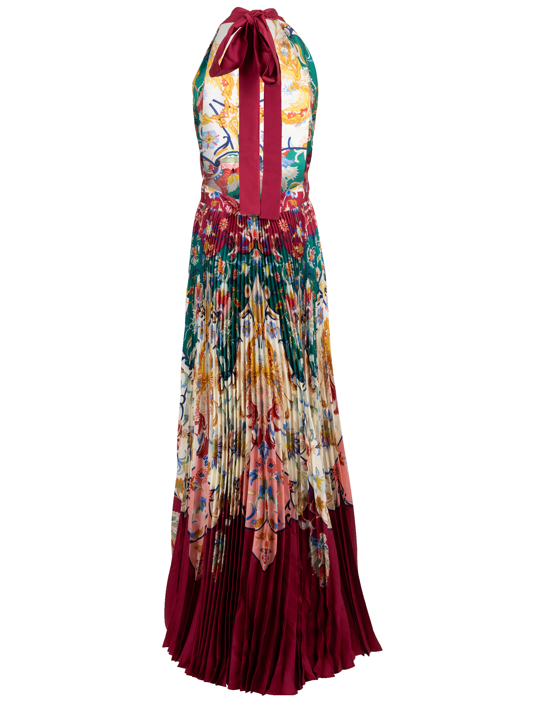 OSCAR DE LA RENTA-Halter-Neck Paisley Print Pleated Gown-CLARET