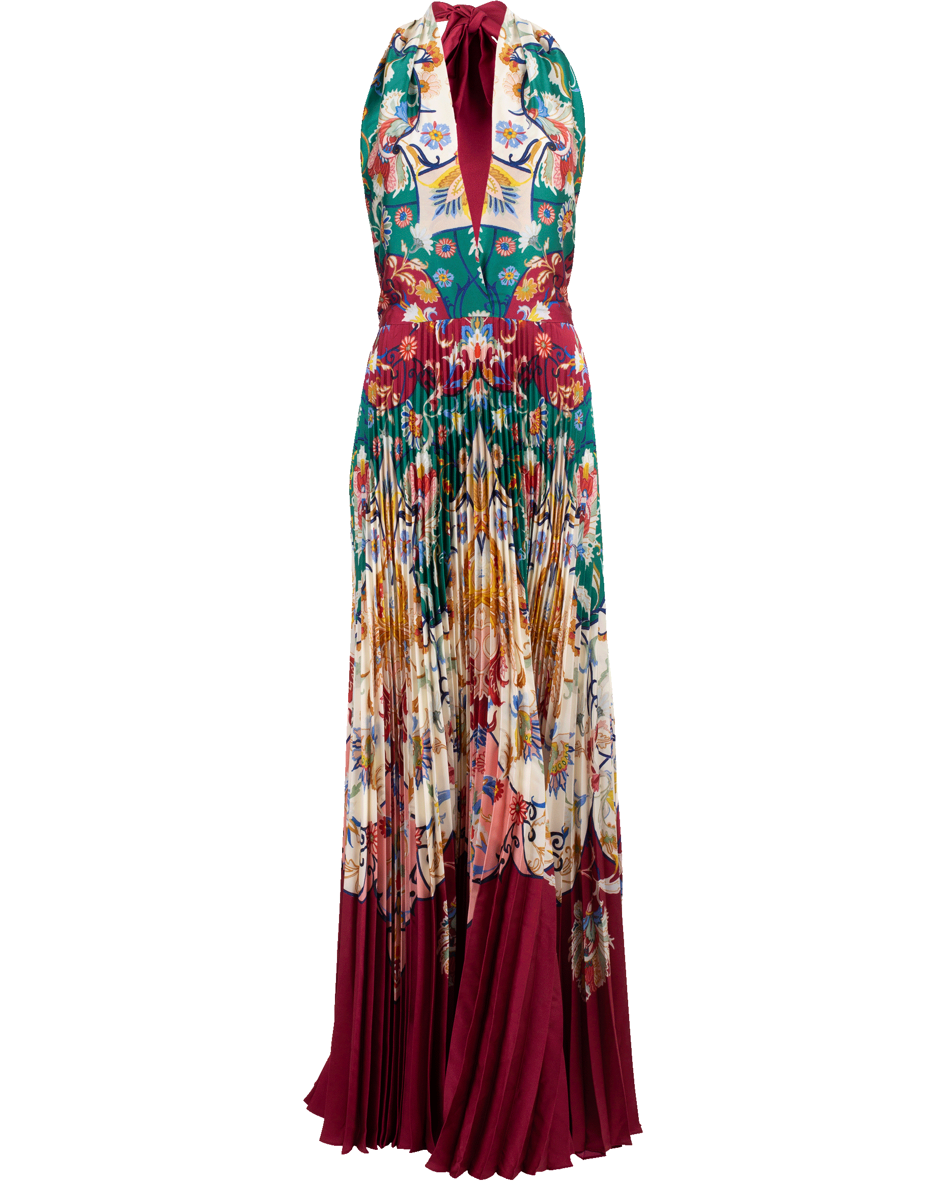 OSCAR DE LA RENTA-Halter-Neck Paisley Print Pleated Gown-CLARET