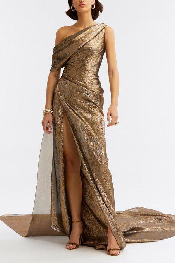 OSCAR DE LA RENTA-One Shoulder Draped Gown-DRK GOLD