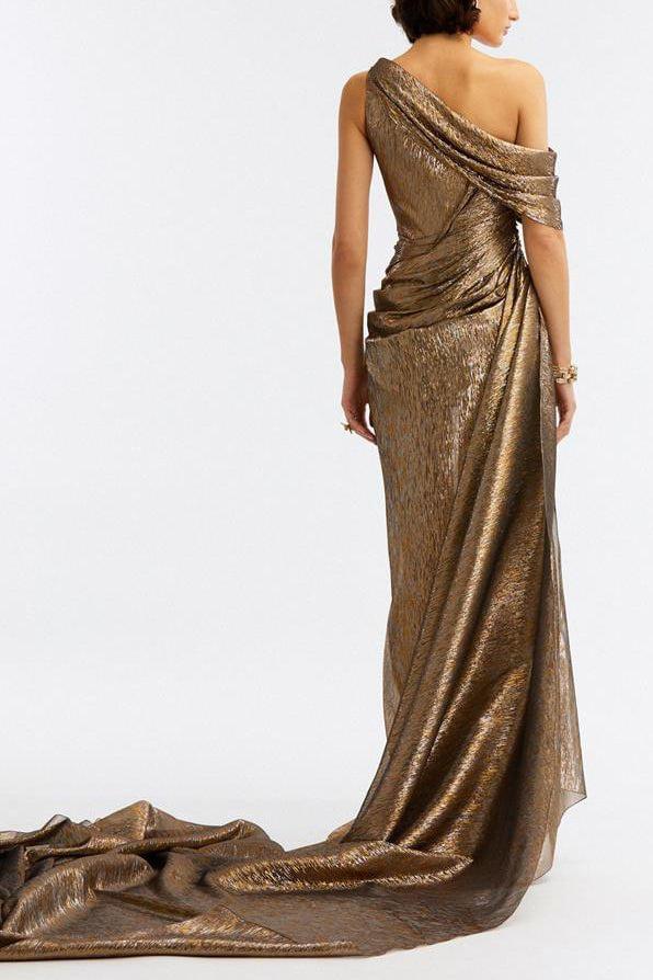 OSCAR DE LA RENTA-One Shoulder Draped Gown-DRK GOLD
