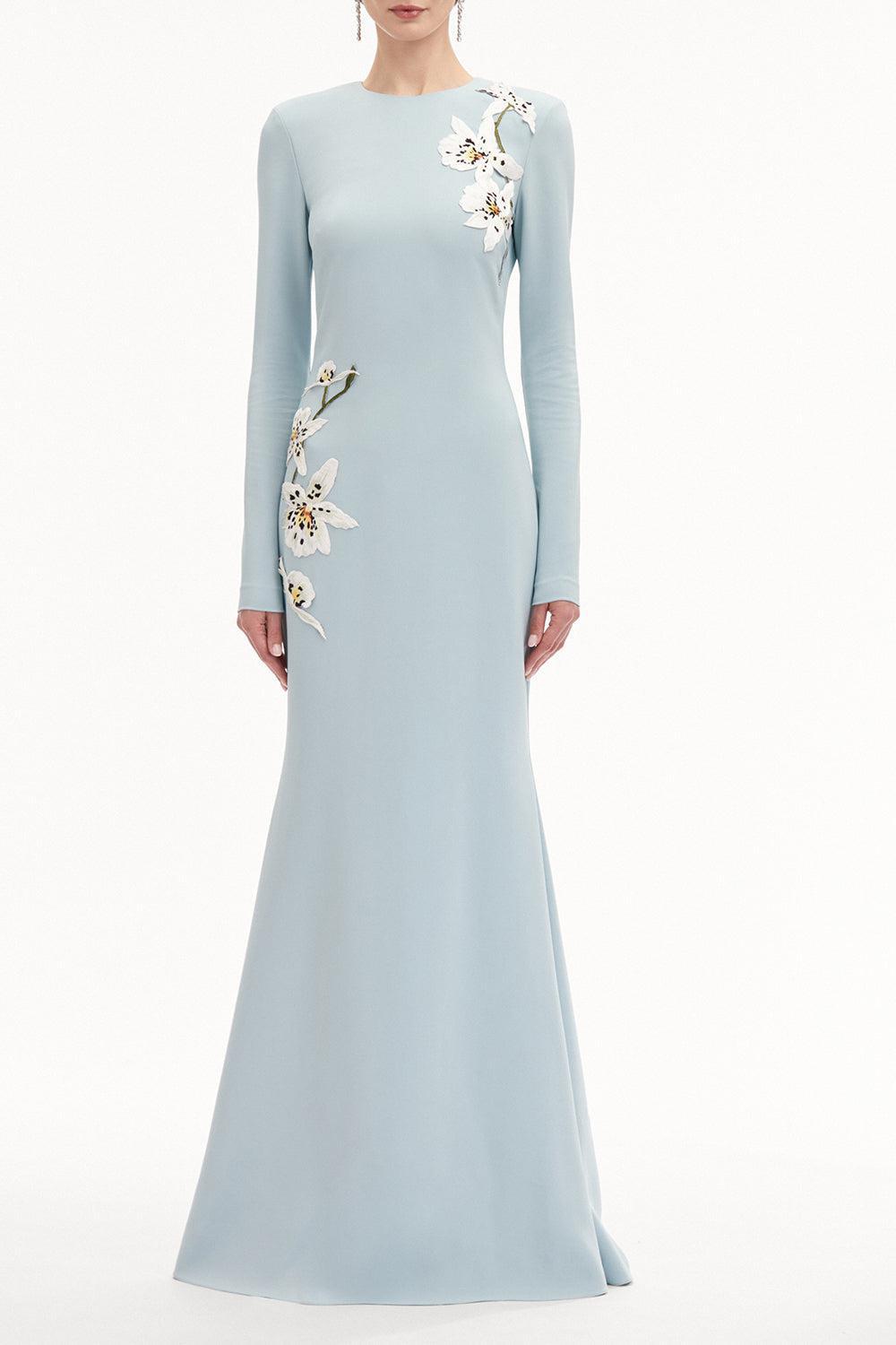 Long Sleeve Orchid Embroidered Gown-FRENCH BLUE-8-CLOTHINGDRESSGOWN-OSCAR DE LA RENTA