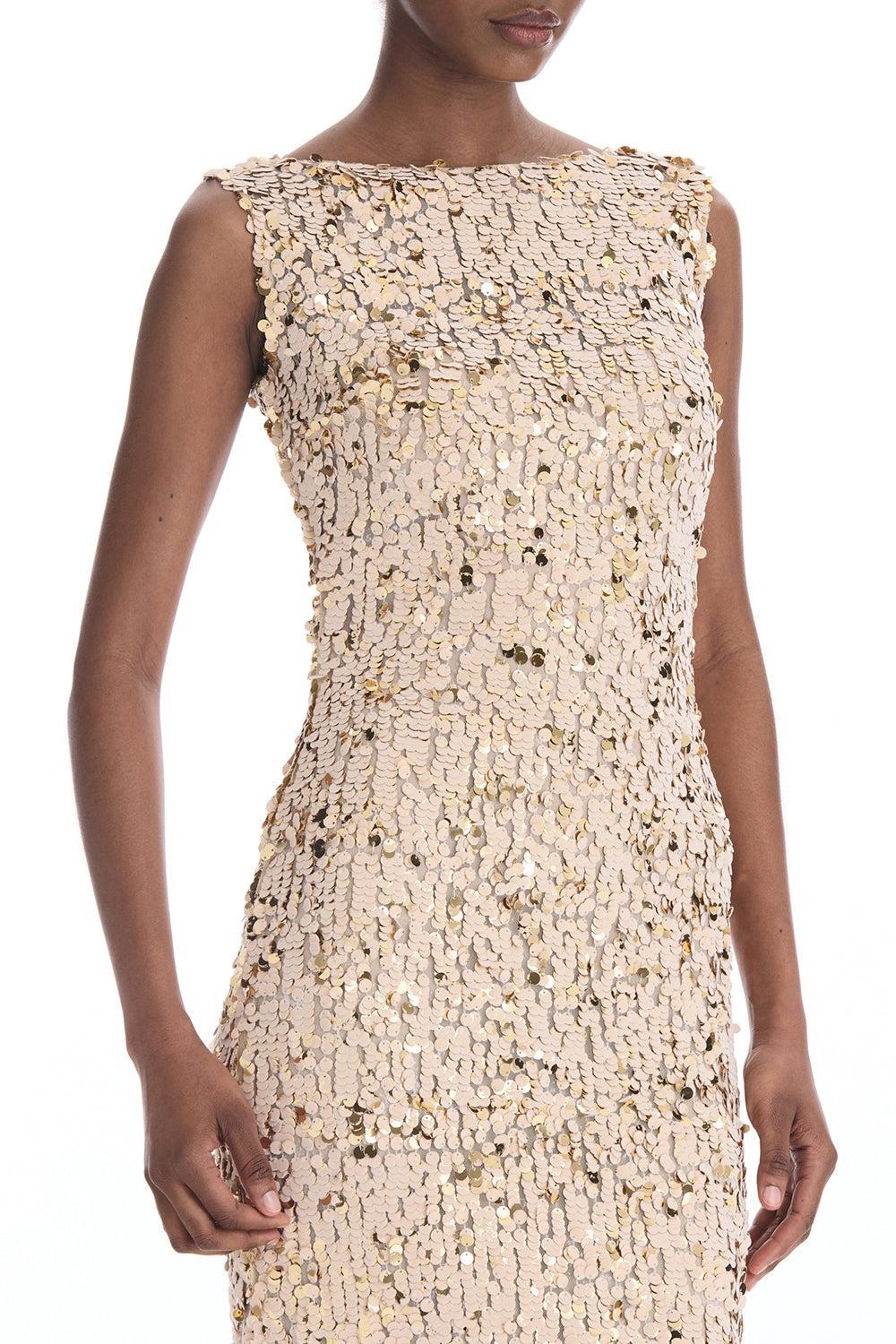 Sleeveless Velvet Paillettes Chiffon Gown-GOLD-2-CLOTHINGDRESSGOWN-OSCAR DE LA RENTA