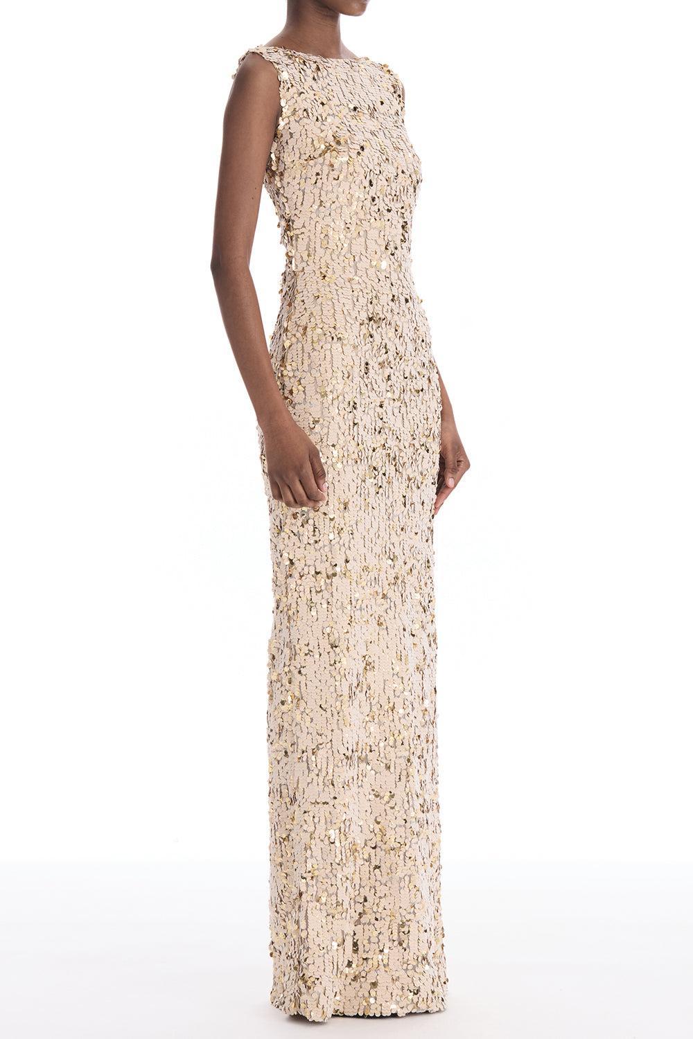 Sleeveless Velvet Paillettes Chiffon Gown-GOLD-2-CLOTHINGDRESSGOWN-OSCAR DE LA RENTA
