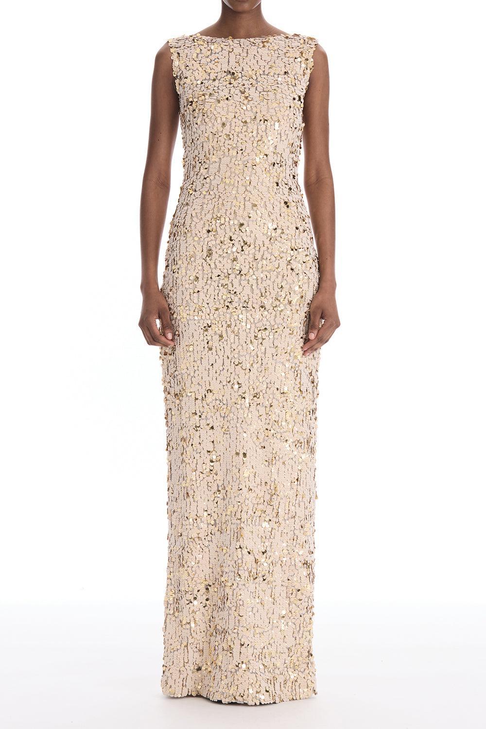 Sleeveless Velvet Paillettes Chiffon Gown-GOLD-2-CLOTHINGDRESSGOWN-OSCAR DE LA RENTA