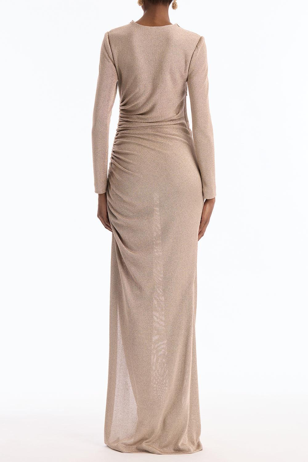 Long Sleeve Draped Metallic Gown-GOLD-4-CLOTHINGDRESSGOWN-OSCAR DE LA RENTA